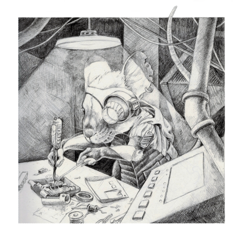 A graphite drawing of a rat with a magnifying monocle tinkering at a workbench strewn with bits of computers.
