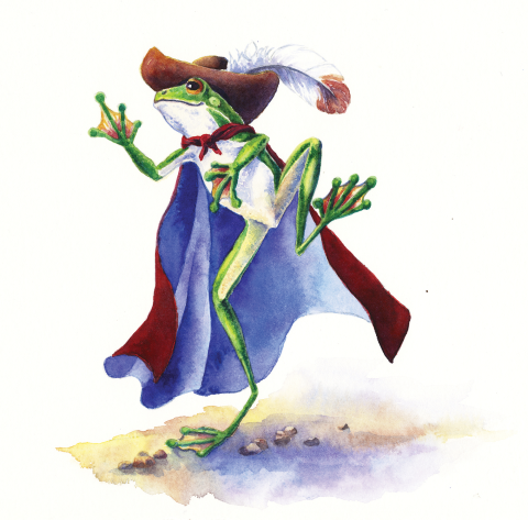 A cape-wearing frog with a feathered hat on, dancing in a country folk dance.