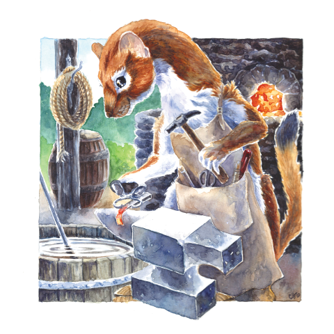 Weasel wearing a leather blacksmithing apron holding a small hammer and working at an anvil in a stone blacksmith shop.