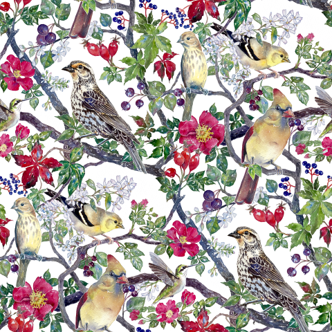 Tiling pattern of vines, flowers, and birds.